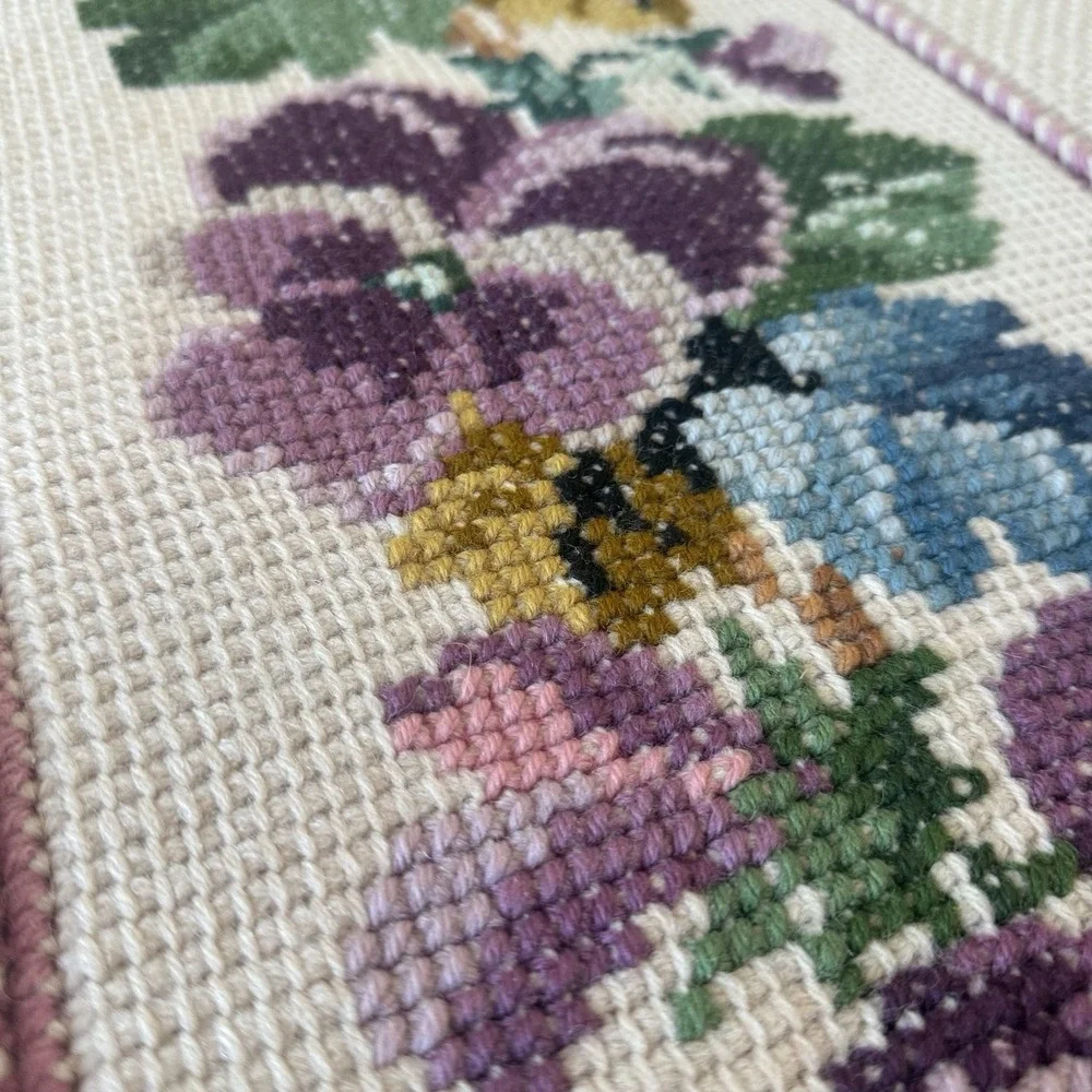 VTG Handmade Afghan Throw Blanket Cross Stitch Floral Cottage Granny 46 x 62